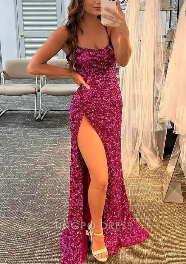 TingPo Wholesale Elegant Sheath/Column Bateau Spaghetti Straps Long/Floor-Length Velvet Sequins Prom Dress With Split